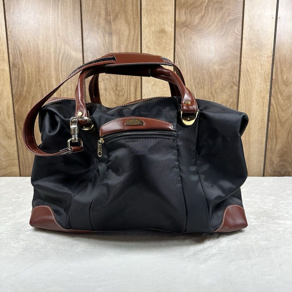 Samsonite Black Nylon Duffel Bag Leather Trim Carry On Travel Overnight Bag